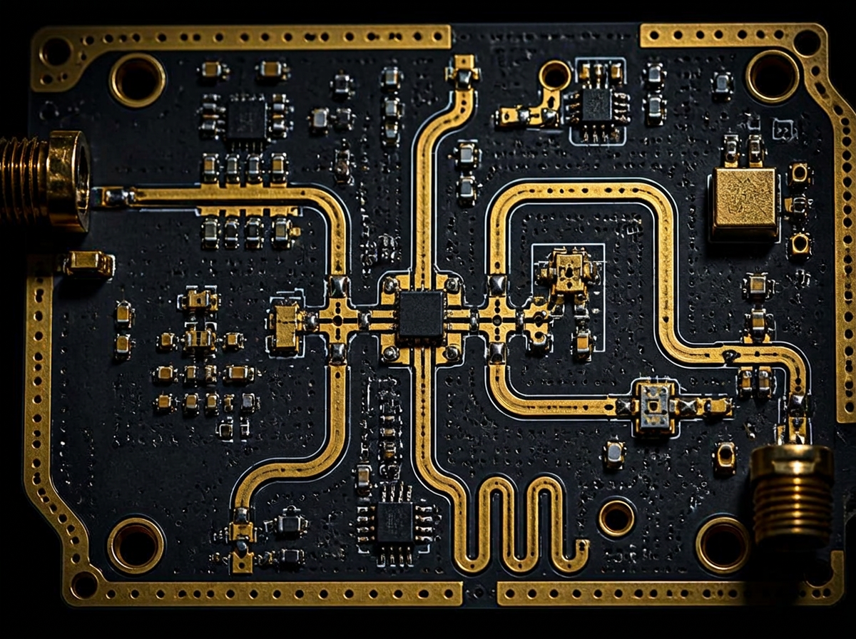 Bare RF microwave card with gold traces on a dark circuit board